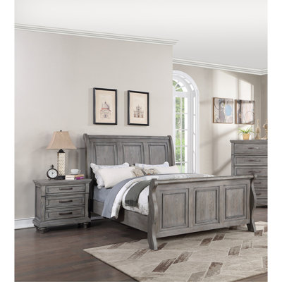 Antique Gray Oak Finish Sleigh Design Headboard FB 3pc Set Eastern King Size 2x Nightstands Beautiful Bedroom Furniture