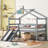 Twin Low Loft House Bed With Slide, Ladder, Safety Guardrails, House Roof Frame,Grey
