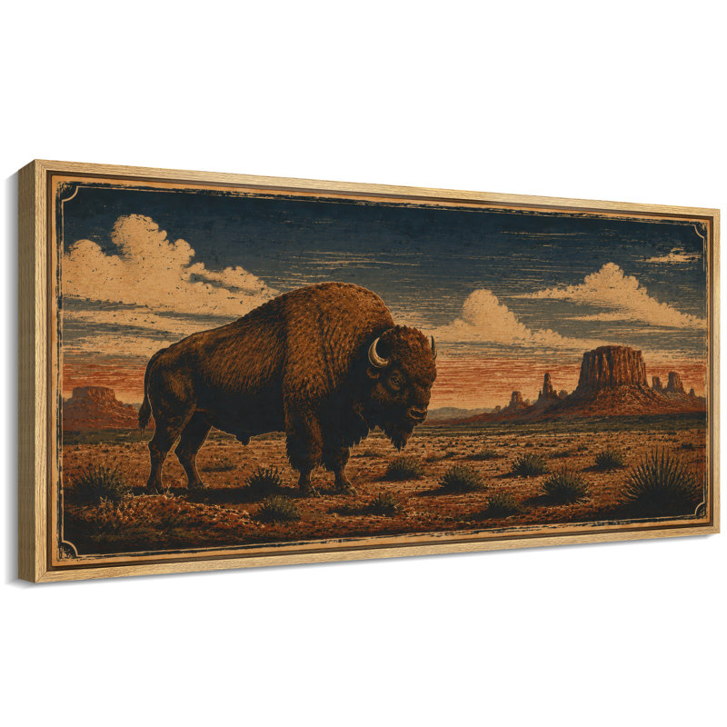 «Rustic Bison Desert Prairie Western Landscape Wall Decor», reproduction d'art sur toile encadrée, Natural
