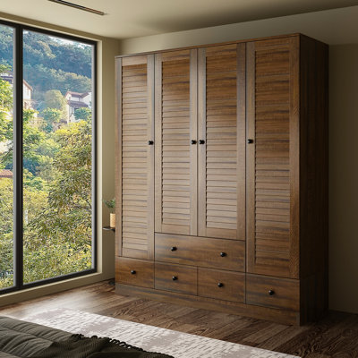 Ardit 59" Wide White Wardrobe with Louvred Doors and 5 Drawers, Freestanding Armoire Closet with Hanging Rods and Shelves