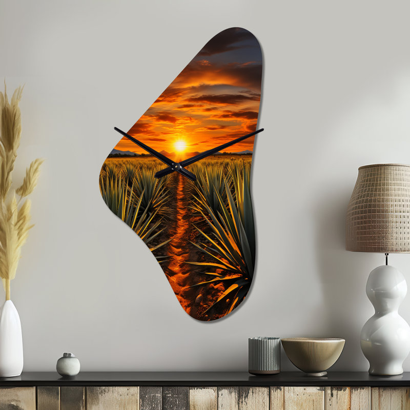 Horloge murale de forme unique, art mexicain orange et vert, Téquila Sunrise, Médium