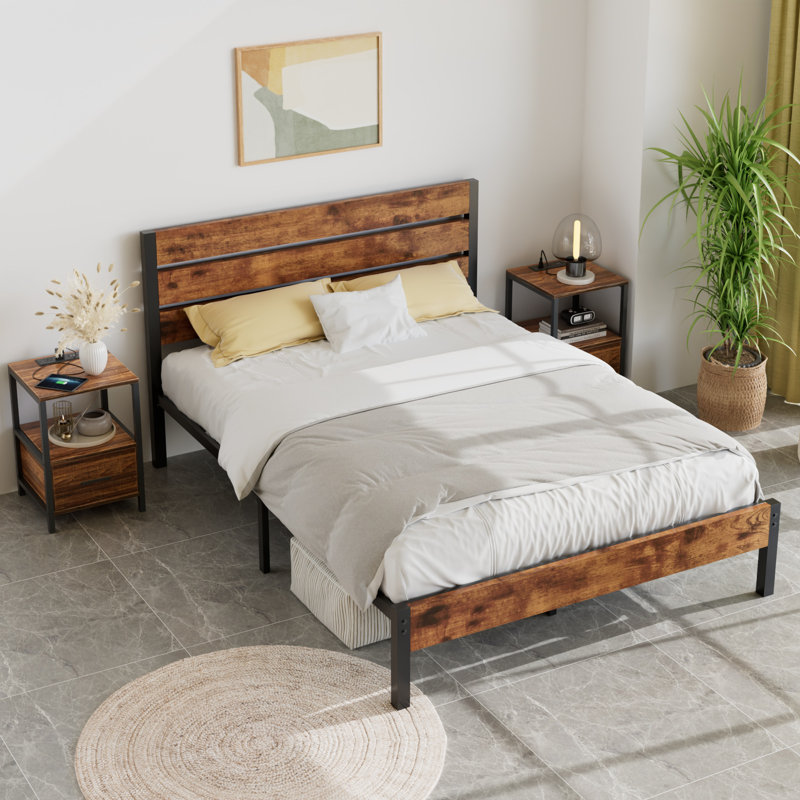 3 Piece Farmhouse Industrial Bedroom Set, Full Size Platform Bed with 2 Nightstands Set, Steel Bed Frame with Rustic Wood Headboard & Footboard, Nightstand with Drawer & Charging Station, No Box Spring Needed