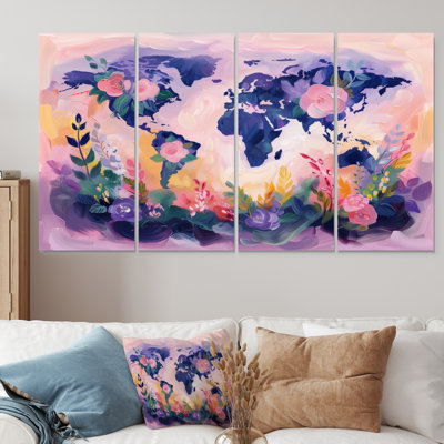Carte mauve rose du monde «Blooms I» - ensemble d'art mural carte du monde