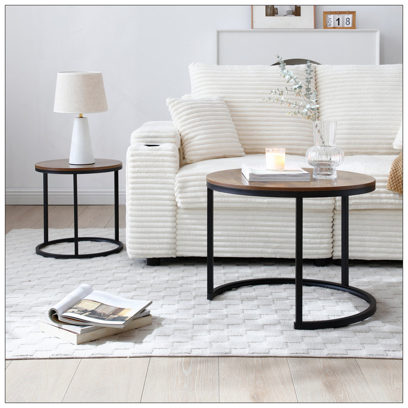 Ensemble de 2 tables basses gigognes à plateau de table rond avec cadre en métal robuste, centre de table, salon, chambre à coucher, appartement, table de chevet simple, industrielle