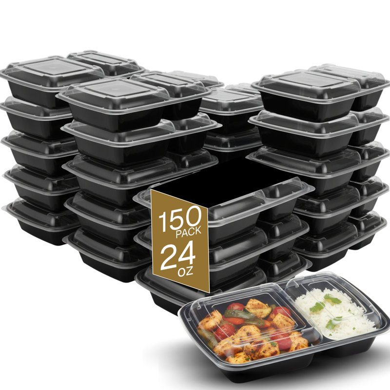 Microwaveable Compartmental Container (Rectangular) with Lid 2-compartment, 32oz, 150-Pack