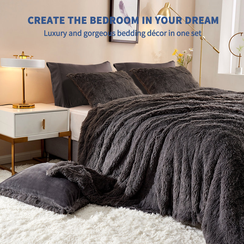 Dark Gray Queen Plush Shaggy Duvet Cover Set with Velvet Backing