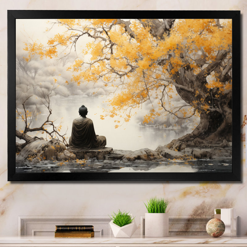 Décoration murale bouddhisme gris et jaune II - Bouddhisme, Cadre photo unique, H 24 po x l 32 po, Noir