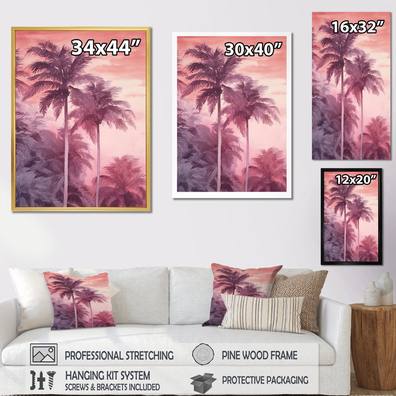 Palmiers roses rétro avec ombres II, Cadre flottant noir, H 32 po x l 16 po x P 1 po