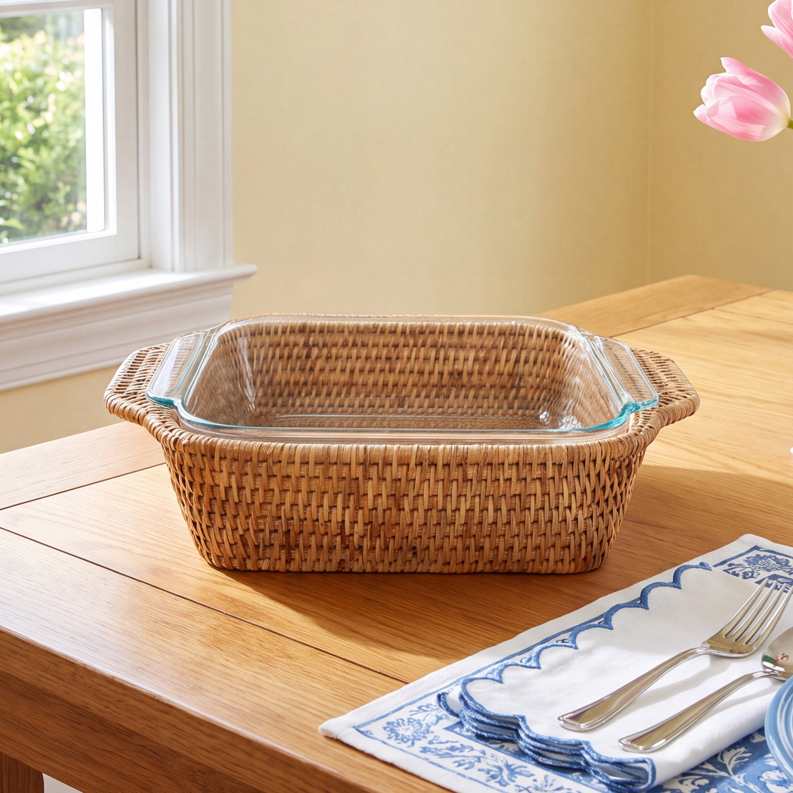 Sampson Square Rattan Baker Basket, Honey Brown