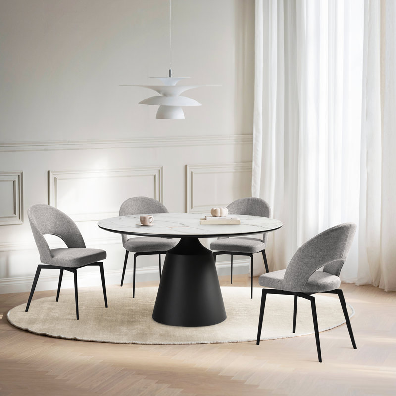 Ensemble de salle à manger à piédestal moderne 5 pièces avec plateau en pierre et chaises en tissu gris Ervand