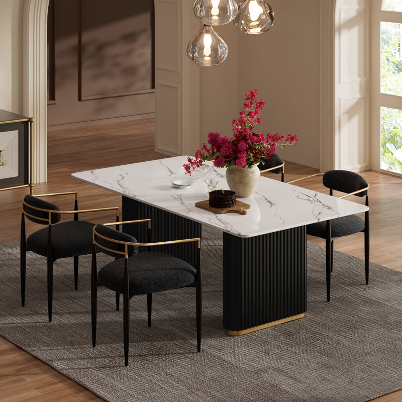 Ensemble de table de salle à manger à double piédestal double Velora pour 4 personnes avec chaises rembourrées Bouclé, Noir