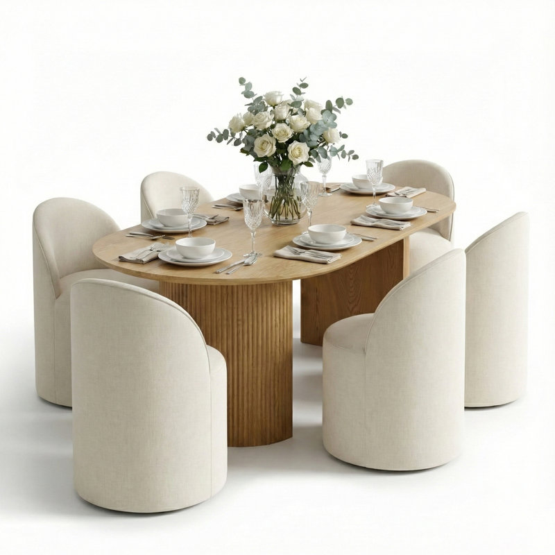 6 - Person Modern Organic Dining Table Sets With 79" Oval Dining Table & 6 Rolling Barrel Chair, Oak, Beige