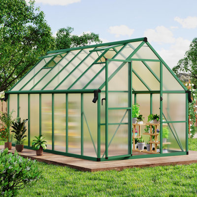 8x14 FT Polycarbonate Greenhouse, Heavy Duty Aluminum Frame with Lockable Push Door, Roof Vent & Ground Stakes, Walk-In Grow Tent for Backyard Garden - Green