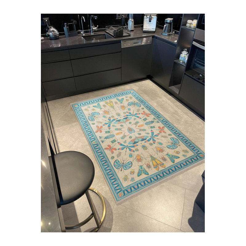 Tapis décoratif lavable à la machine à motif d'insectes bleus, Sous-tapis carré 3 pi 3 po inclus