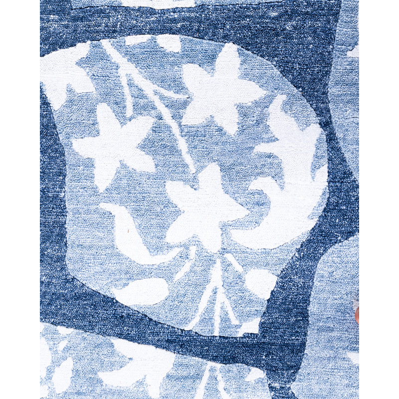 Blue Hand-Knotted Silk Rectangular Area Rug, 9' 1" x 12' 3"