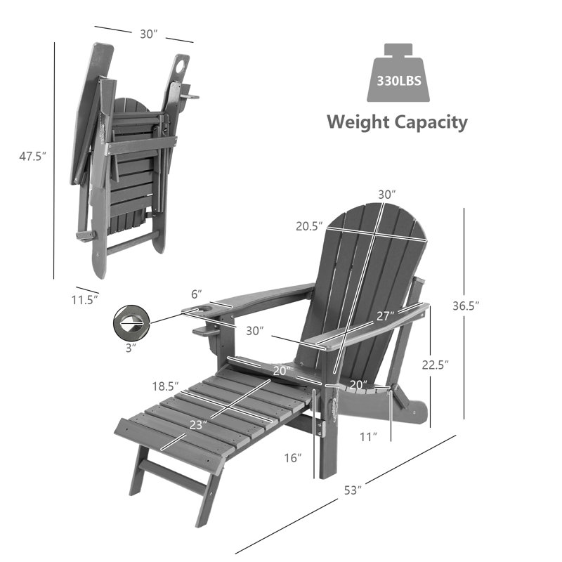 Chaise Adirondack pliante en plastique avec repose-pieds Espere, Gris