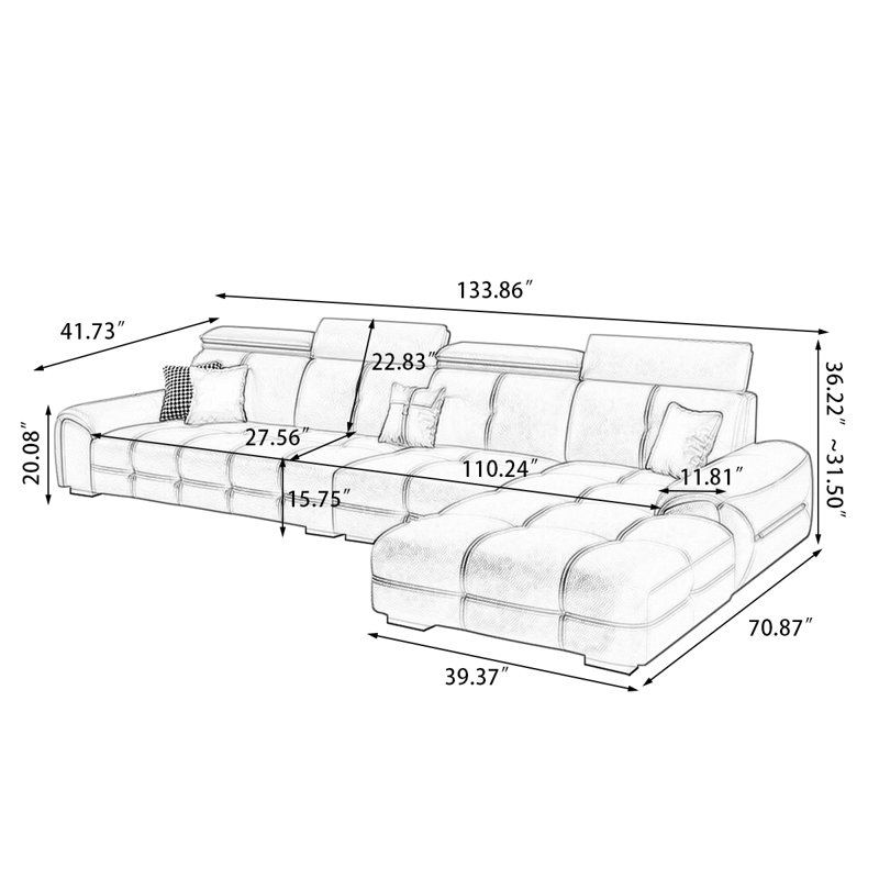 Canapé modulaire 3 pièces rembourré, Orange, H 36,22 po x l 133,86 po x P 41,73 po, Face à la droite