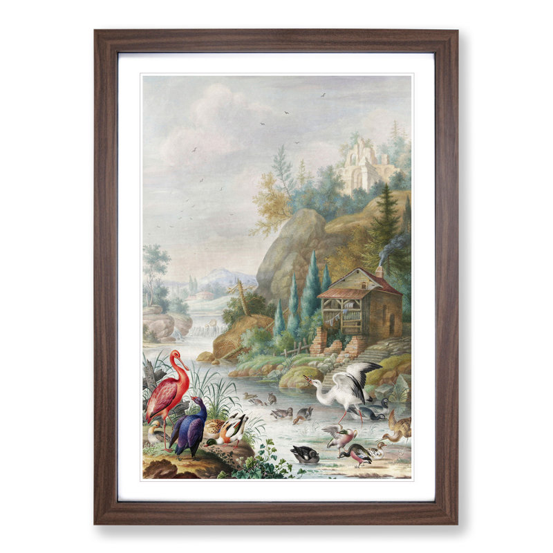 Birds Near a Mountain Stream by Herman Henstenburgh - Picture Frame Graphic Art, Walnut, 65cm H x 48cm W x 2cm D