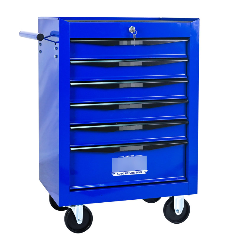 Boîte de rangement à outils en acier Rolling 6, 20 po noir et bleu, glissières à roulement, 4 roulettes universelles, verrouillable avec roues de coffre bleues à 2 freins, verrouillable, poignée à tirer pour le mouvement