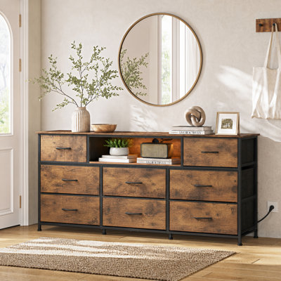 Modern 8‑Drawer Dresser with LED Light & Charging Station, 57.87'' W Media Console Fits 65'' TV, Chest of Drawers with Fabric Drawer & Sturdy Steel Frame for Bedroom Living Room