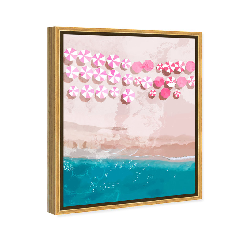 Parasol de plage rose, été bleu océan côtier Glam - peinture, Cadre flottant en plastique doré, H 30 po x l 24 po x P 1,75 po