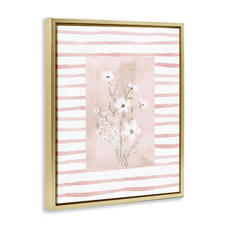 Cadre flottant White Cosmos sur rayures roses, design par Lucille Price, Cadre flottant métallique doré, H 31 po x l 25 po