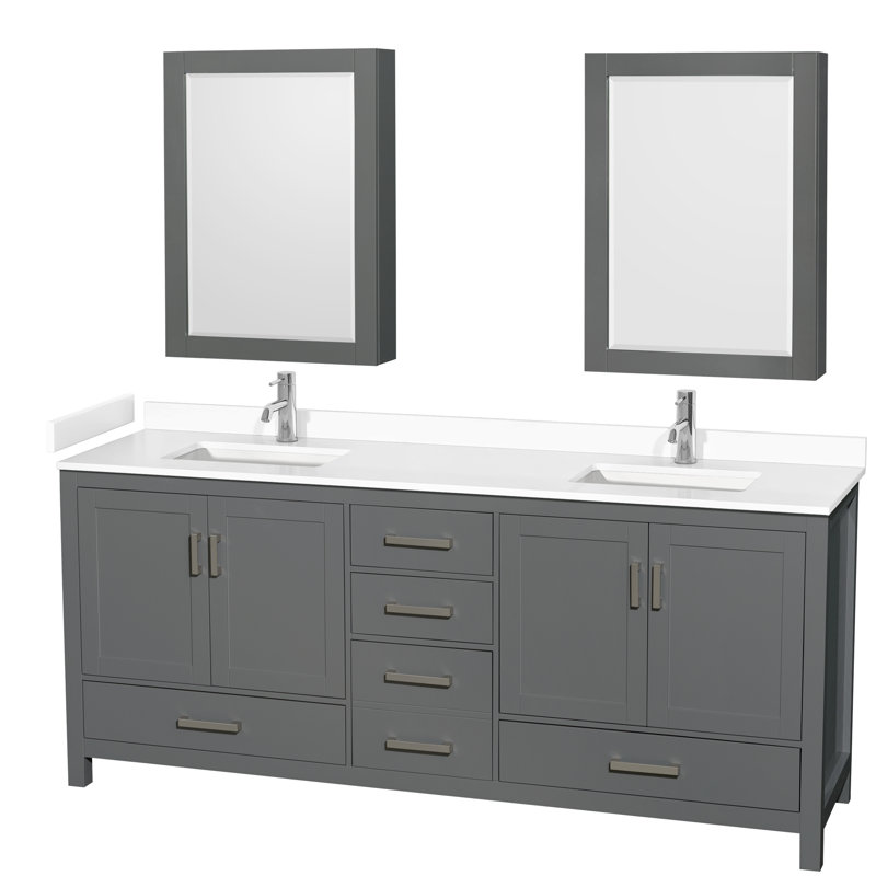 Sheffield 80" Bathroom Vanity Set with Mirror and Medicine Cabinet, White Cultured Marble, Dark Gray, 80" W