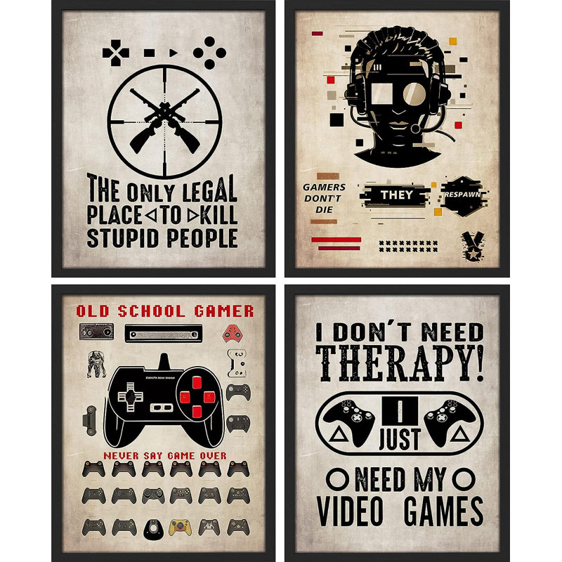 Affiche rétro de jeu vidéo, impression de 4 pièces, Cadre noir, H 14 po x l 11 po x P 1 po
