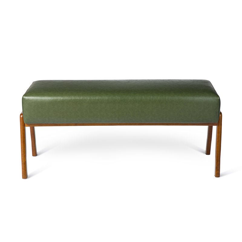 Mid-Century Modern Hunter Green Leatherette Bench With Walnut Rubberwood Legs