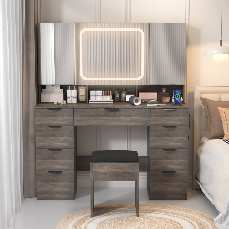Ensemble de coiffeuse avec USB, Gris