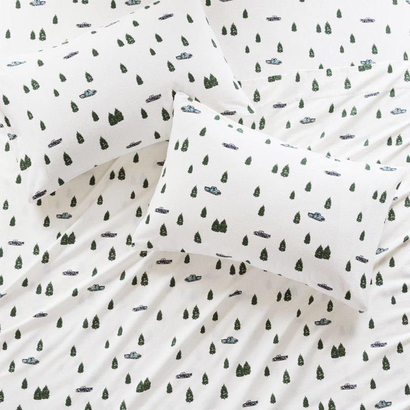 Ensemble de draps 4 pièces pour très grand lit, arbres et camions multicolores, flanelle 100% coton, l 108 po x L 102 po, l 72 po x L 84 po + P 14 po, velours doux, 2 taies d'oreiller, pour matelas de 12 po, lavable à la machine