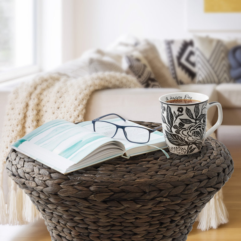 Hourglass Accent Table Water Hyacinth Round Side Table Boho End Table, Espresso, Espresso