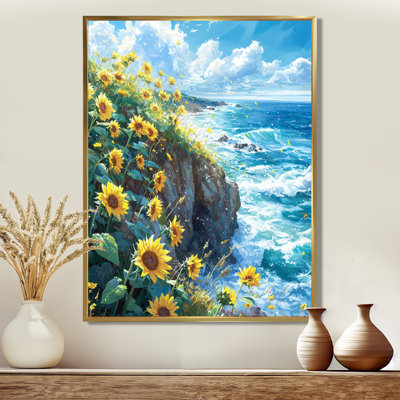 «Dreylin Ocean Breeze Sunflowers At The Coast I» - Art mural tournesols