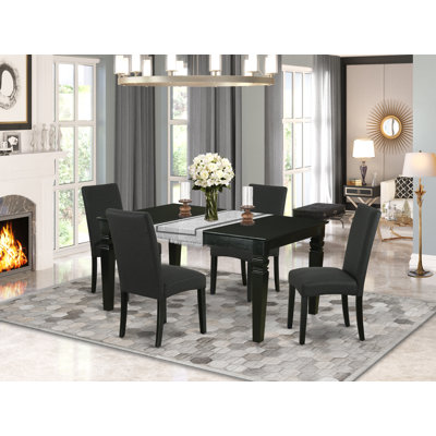 5 Piece Kitchen Table Set Includes a Rectangle Dining Table with Butterfly Leaf and 4 Black Colour Linen Fabric Upholstered Chairs, Black