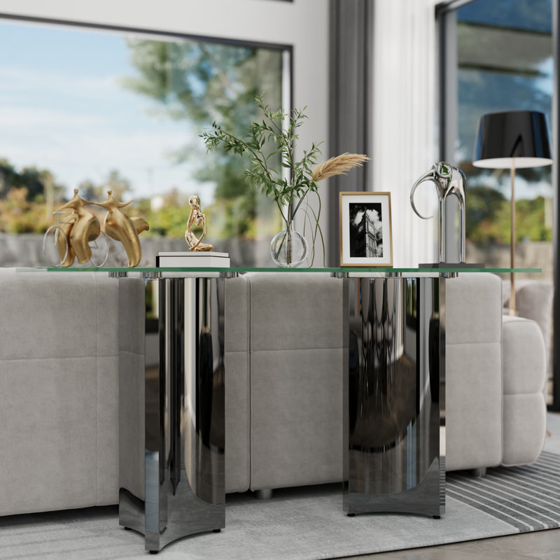 60 Inch Clear Glass Console Table Sofa Table With Mirrored Silver Geometric Base For Entryway Hallway Living Room