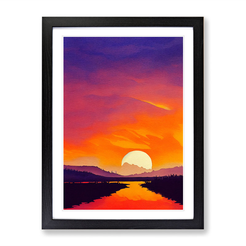 XV1022-4306X Sunset Lake Watercolour No.2 - Single Picture Frame Print, Black Framed, 64cm H x 46cm W