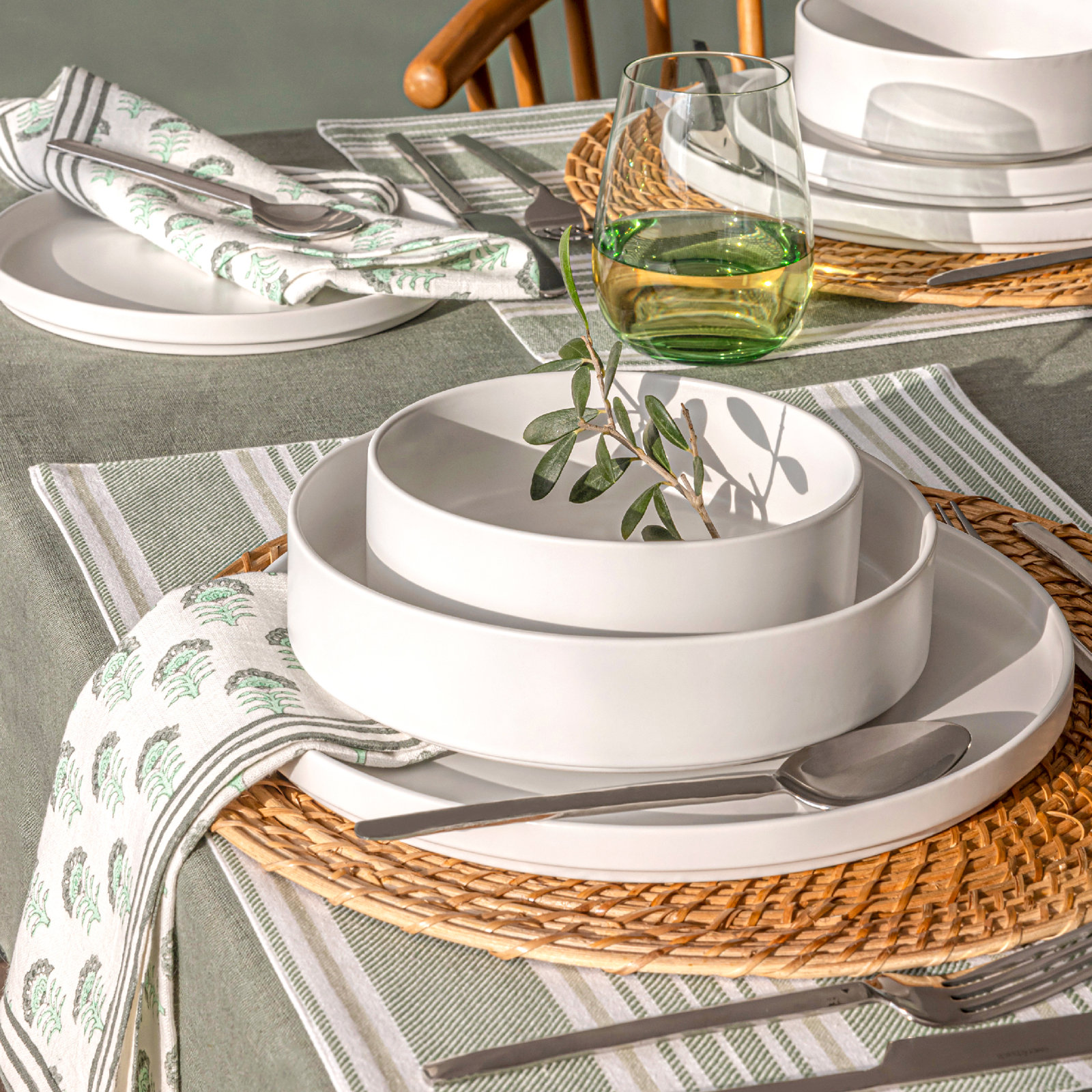 Hand-Blocked Cotton Napkin, Green Flower