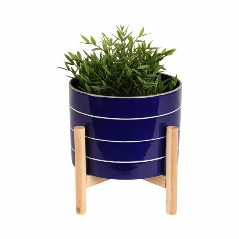 Glossy Ceramic Outdoor Planter on Stand for Indoor Home Decor - Modern Contemporary Flower Pot for Living Room or Patio - Navy