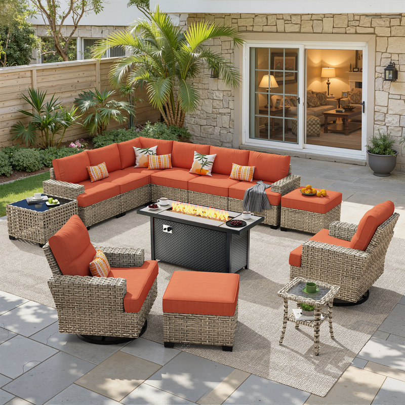 Tommy 10 - Person Outdoor Wicker Patio Conversation Furniture Set With Rocking Swivel Chairs And Fire Pit Table, Red Orange