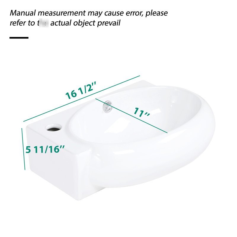 White Ceramic Wall Mount Bathroom Sink 16X11 Inch, Rectangular, Acid , Stain Low Water Absorption, Smooth Polished, Installation Tools Supplies