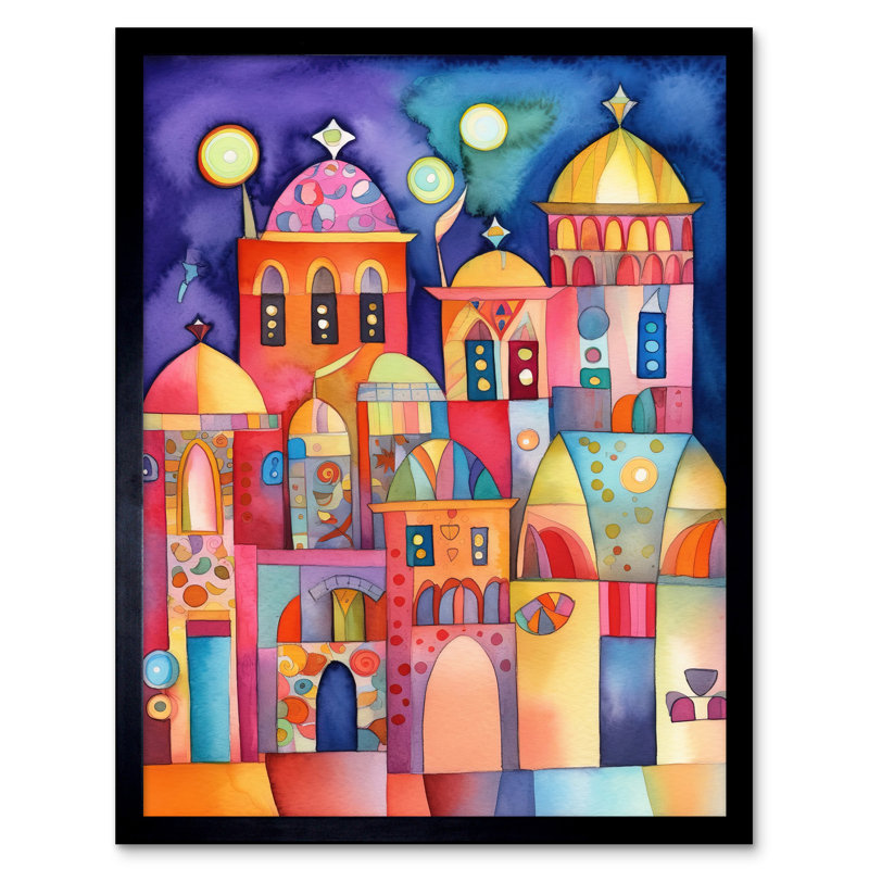 Brightly Decorated Buildings At Night Folk Art Watercolour Painting Art Print Framed Poster Wall Decor 12x16 inch