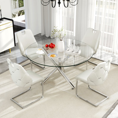Table de salle à manger ronde en verre trempé, table de salle à manger moderne avec dossier haut en similicuir pour salle à manger