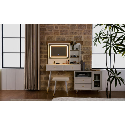 White Makeup Vanity With 3 - Color High Definition Led Mirror, Adjustable Cabinet Length, Storage Drawers, And Power Strip Lighting, Retractable Side Cabinet, Shelves, Built In Charging