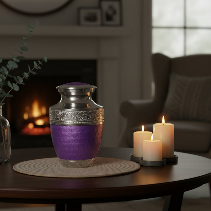 Engraved Memorial Urn With Textured, Purple