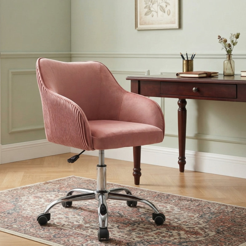 Kinzie Epinine Velvet Upholstered Swivel & Adjustable-Height Task Chair with Chrome Metal Base, Pink 