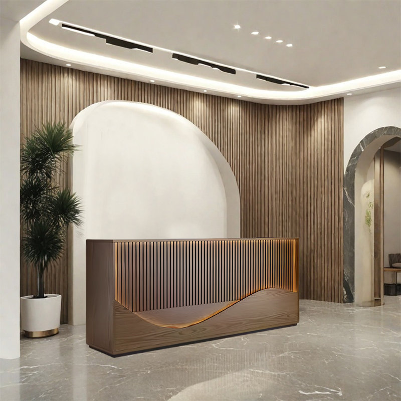 Vintage Rectangular Front Desk with LED Light Strip and Versatile Storage Solutions