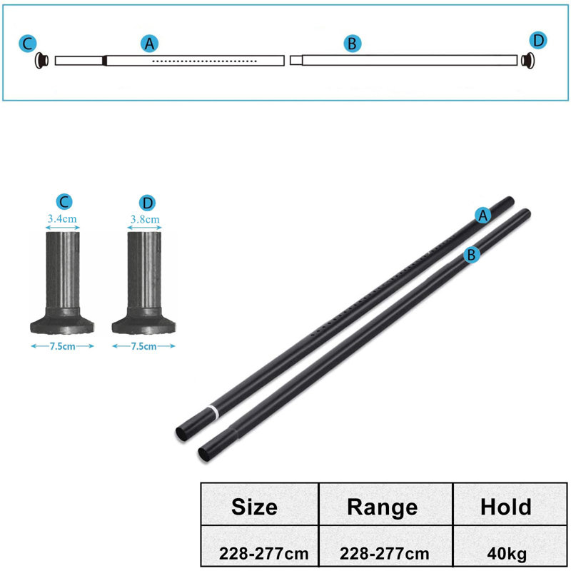 Tension Curtain Rod, 7.50cm H x 277cm W x 7.50cm D, Black