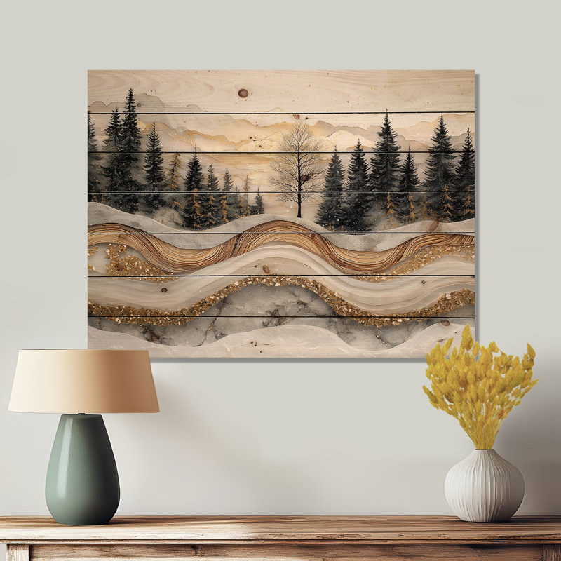 Paysage d'hiver sur un arbre au sommet d'une rivière en cristal - Art mural en bois forêt - sur bois de pin naturel