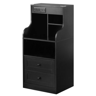 Tall Nightstand With Charging Station And LED Lighting, 2 Drawers