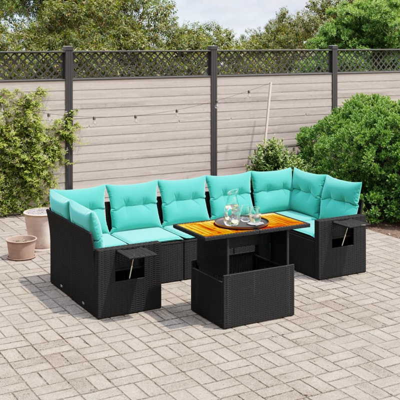  Ensemble de canapé de patio 8 pièces avec coussins en rotin de polyester, Noir, Vert